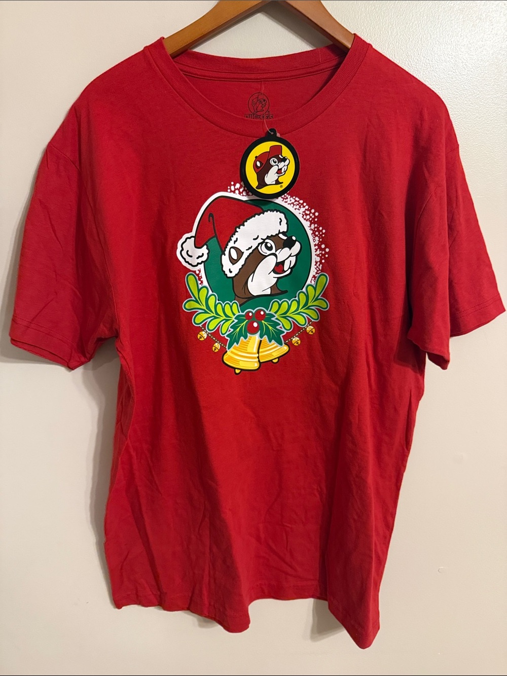 NWT Buccees Jingle Red Christmas Bells Graphic Tee T-shirt 100% Cotton Sz Large